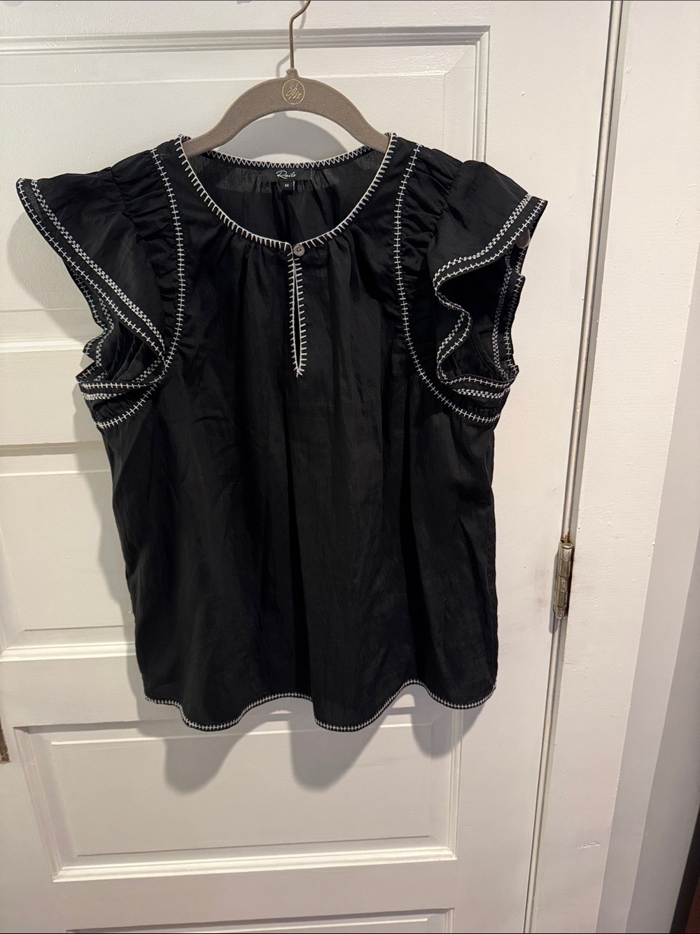 Rails Black Cotton Flutter Sleeve Top with White Stitching